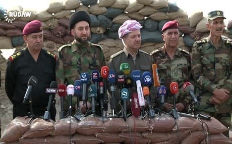 From left to right: Abdul-Ghani Al-Asadi, commnader of the Iraqi anti-terror forces . Amar Al Hakeem, head of the Shiite national Alliance. Masoud Barzani, President of Kurdistan Region. Aziz Waysi, commander of the Kurdish Zeravani forces. Jamal Iminiki, Chief of General Staff of the Peshmerga forces. Photo: Rudaw video