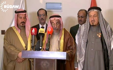 Abdulrazaq Shammar, head of the Shammar tribe speaking to reporters in a press conference. Photo: Rudaw video