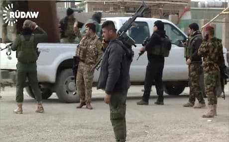 Members of the Rojava Peshmerga force known as Roj Brigade in Khanasoor in Shingal region. Photo: Rudaw video