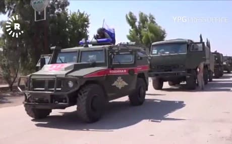 Russian Military Police arrive to deconflict between Kurdish and Turkish-backed forces near Afrin canton. Photo: YPG media