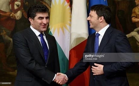 Then Italian Prime Minister Matteo Renzi (R) greetsKurdistan's Prime Minister Nechirvan Barzani before their meeting on March 2, 2015 at the Palazzo Chigi in Rome. File photo: Getty Images/ Tiziana Fabi