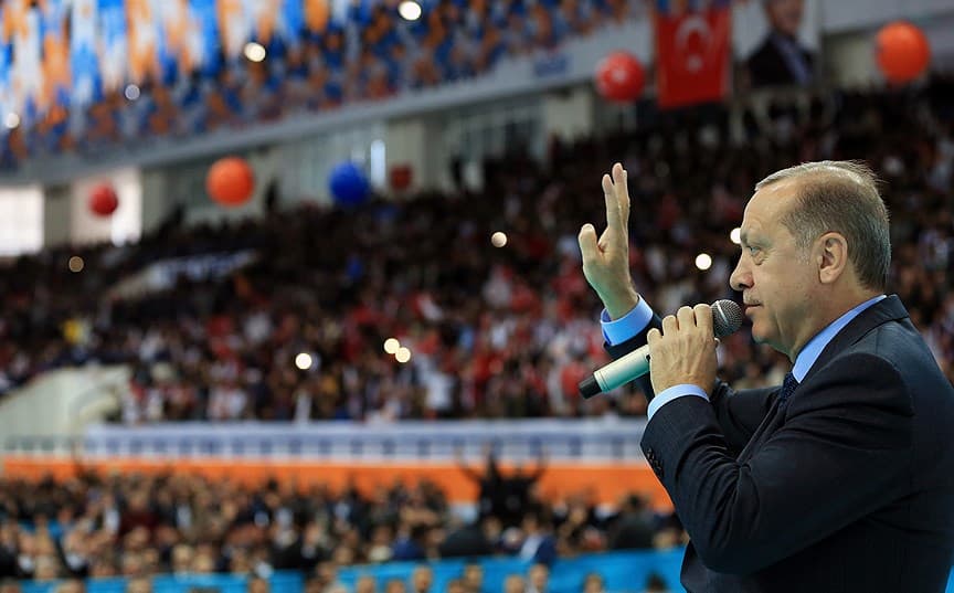 Turkish President Recep Tayyip Erdogan addressing his party’s provincial congress on Saturday. Photo: Anadolu Agency