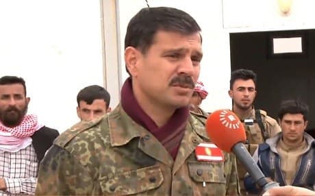 Haider Shasho speaks to reporters in Shingal in March 2017. Photo: Rudaw TV
