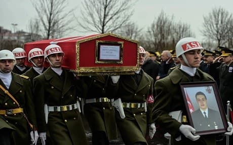 Turkish soldiers carry the coffin of a Turkish soldier who was reportedly killed in cross-border clashes with Kurdish People's Protection Units (YPG) forces in Afrin, Syria, during a funeral ceremony in Istanbul on February 11, 2018. Photo:AFP/Yasin Akgul