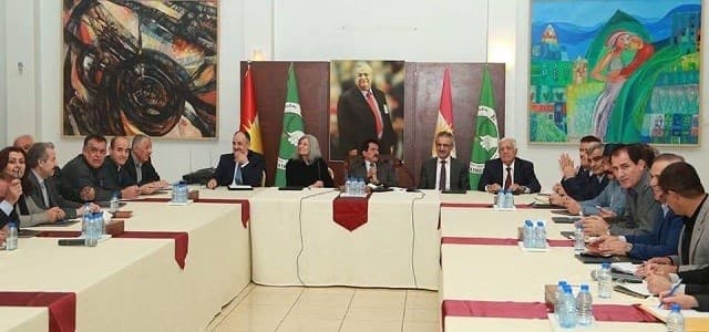 Hakim Qadir, Hero Ibrahim, Kosrat Rasul, Mala Bakhtiar, Omar Fatah head a PUK meeting in Sulaimani on March 17, 2018. Photo: Mala Bakhtiar FB