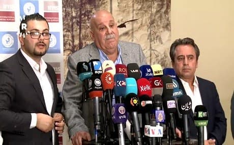 Speaking at a press conference in Erbil on April 5, 2018, KRG Ministry of Peshmerga Secretary-General says Peshmerga and Iraq's defense ministry have not reached an agreement on re-deploying Kurdish forces to disputed areas. Photo: Rudaw TV