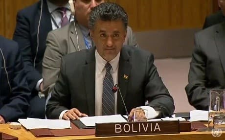 Bolivia’s Ambassador to the UN Sacha Sergio Llorenty Soliz speaking during a UN Security Council meeting on Syria on Tuesday. Photo: UN/image grab