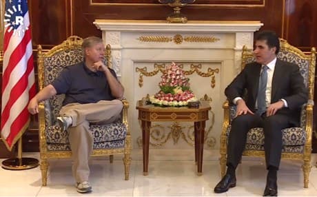 KRG Prime Minister Nechirvan Barzani (right) hosts US Senator Lindsey Graham in Erbil on July 3, 2018. Photo: Rudaw TV
