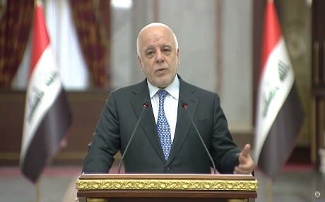 Haider al-Abadi, the prime minister of Iraq, speaks at a press conference in the capital of Baghdad on July 31, 2018. Photo: GoI