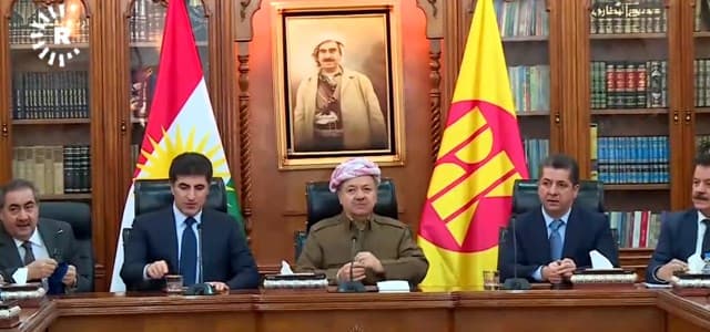 KDP President Masoud Barzani is flanked by deputy Nechirvan Barzani (left) and politburo member Masrour Barzani (right) at a leadership council meeting in Erbil on December 3, 2018. Photo: Rudaw TV