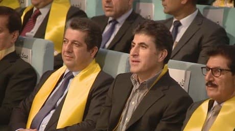 Masrour Barzani (left) and Nechirvan Barzani (middle) attend a party rally ahead of the election in September 2018 in Erbil, Kurdistan Region. Photo: Rudaw TV