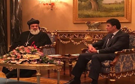 Patriarch of Antioch and the East Ignatius Aphrem II (left) meets with KRG Prime Minister Nechirvan Barzani in Erbil on January 25, 2019. Photo: Safeen Dizayee