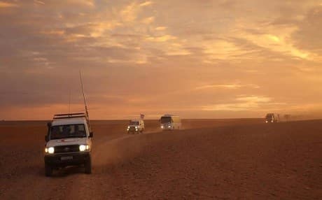 A convoy carrying humanitarian aid travels to the al-Rukban camp in Syria on November 4, 2018. File photo: Syrian Arab Red Crescent via AP
