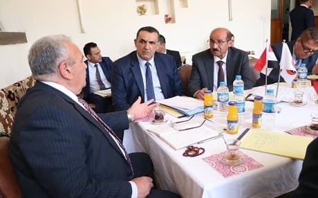 Rakan al-Jabouri (center) listens to a delegation of Iraqi ministers and other officials from Baghdad during a meeting in Kirkuk on April 14, 2019. Photo: Jabouri FB