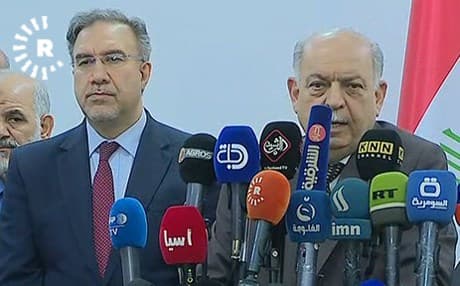 Iraqi Minister of Oil Thamer Ghadhban speaks at a press conference (right) with the head of the International Energy Agency in Baghdad on April 25, 2019. Photo: Rudaw TV