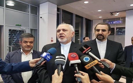 Iran Foreign Minister Javad Zarif speaks to reporters after arriving in Moscow, Russia, early on May 8, 2015. Photo: IRNA
