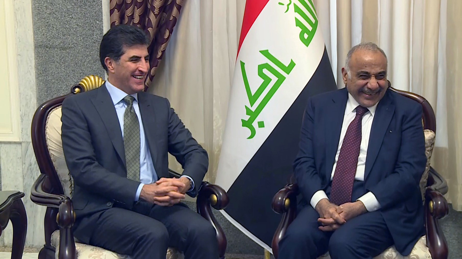 Adil Abdul-Mahdi (right), the premier of Iraq, hosts Kurdistan Regional Government PM Nechirvan Barzani in Baghdad on February 7, 2019. Photo: Rudaw TV