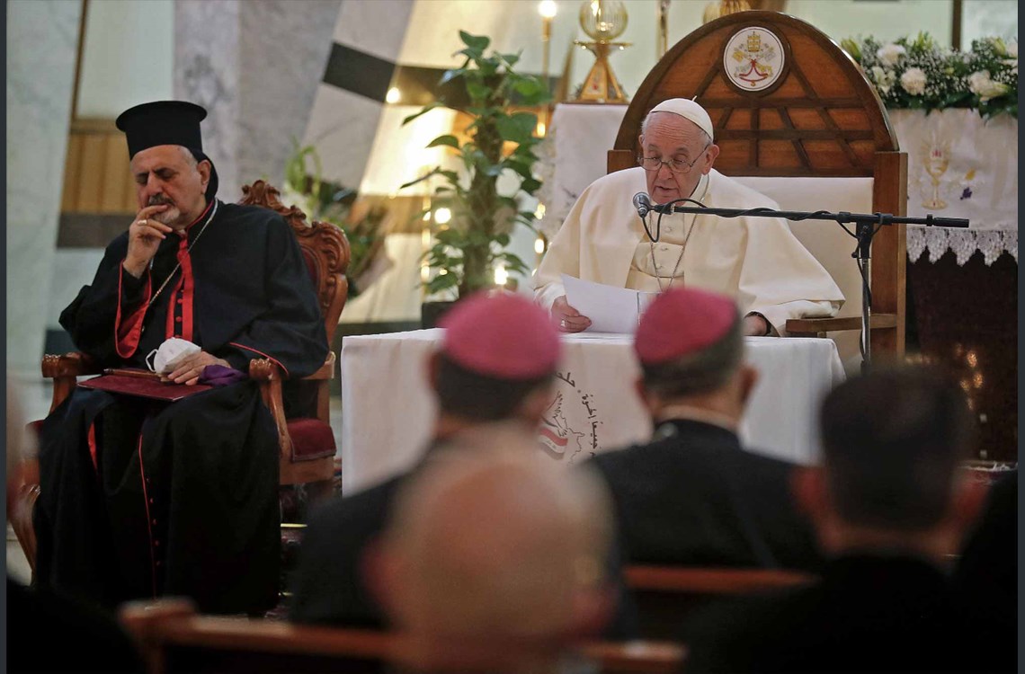 Pope Francis (R) delivers a sermon at the Syriac Catholic Cathedral of Our Lady of Salvation (Sayidat al-Najat) in the capital Baghdad at the start of the first ever papal visit to Iraq on March 5, 2021, while accompanied by Ignatius Joseph III Yunan (L), Syriac Catholic Patriarch of Antioch and all the East of the Syriacs. Photo: Ahmad al-Rubaye / AFP