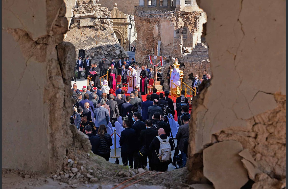  Pope Francis speaks at a square near the ruins of the Syriac Catholic Church of the Immaculate Conception (al-Tahira-l-Kubra), in the old city of Iraq's northern Mosul on March 7, 2021. Photo: Vincenzo Pinto / AFP