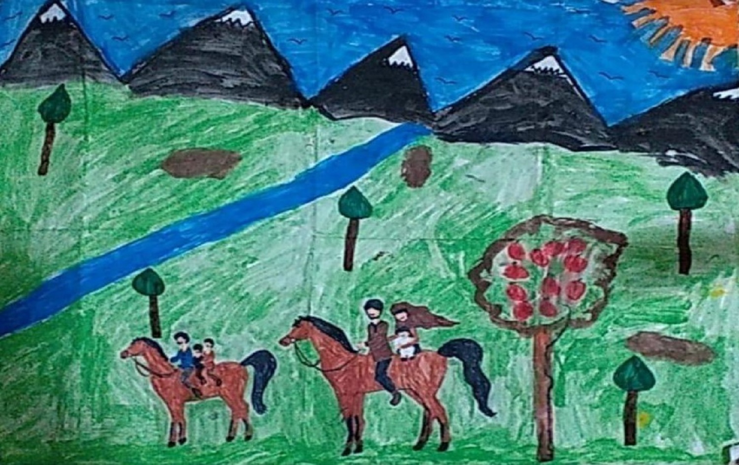 A drawing by a French child detainee in northeastern Syria of a scene starkly different to camp life. Photo via the United Families Collective on Twitter