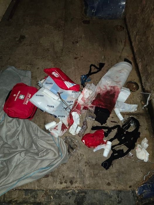 Bandages used to treat a young man was shot by a smuggler after refusing to board a boat crossing the Channel, on 24 November, 2021. Photo: Thomas Gilbert