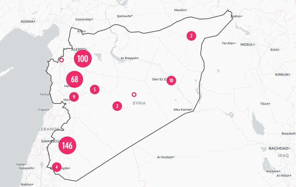 Chemical weapons attacks, as recorded on the GPPi's online data portal. Photo: chemicalweapons.gppi.net/data-portal/