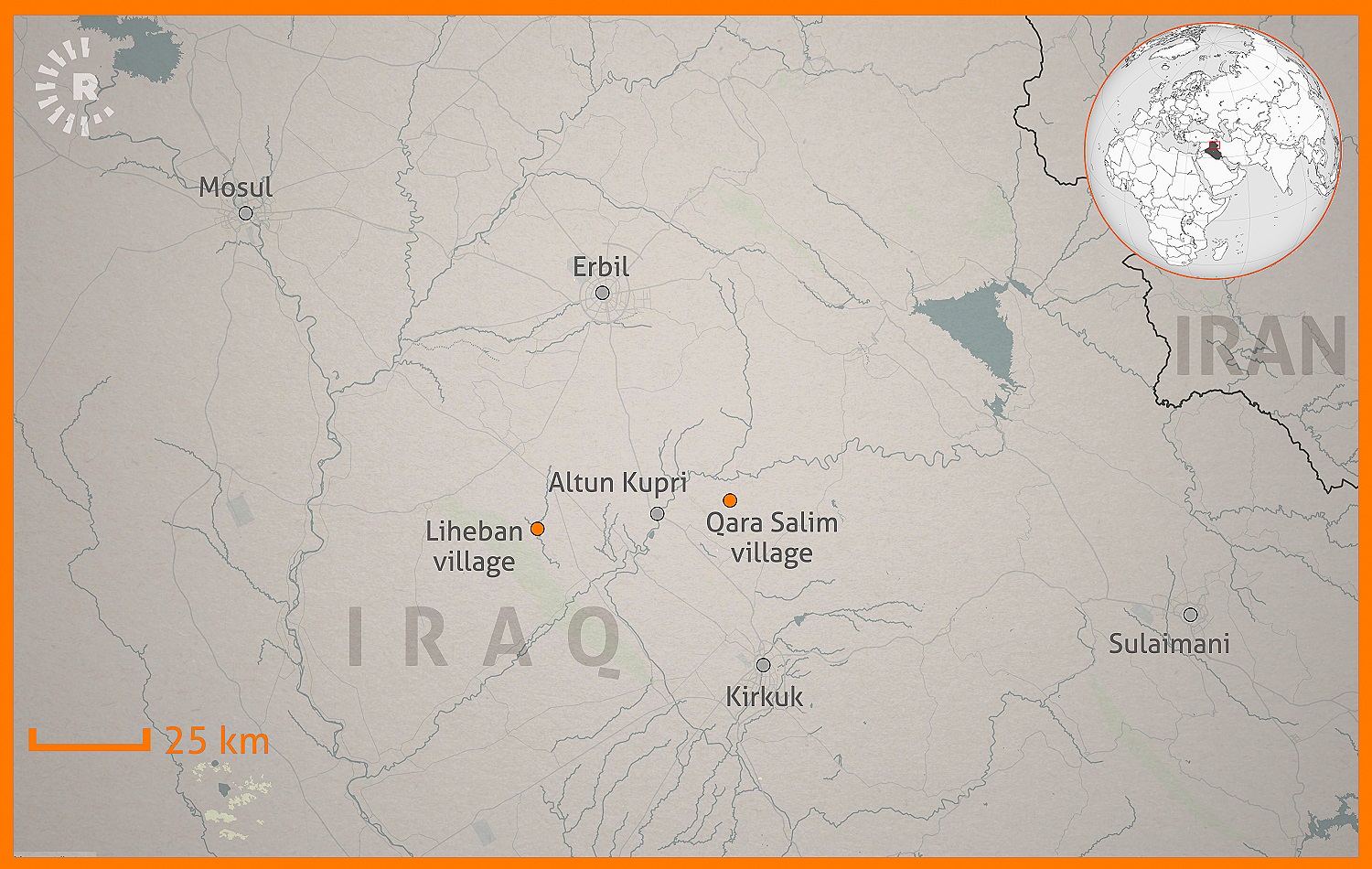 The villages of Liheban and Qara Salim in Kirkuk province, both attacked by ISIS on December 5, 2021. Photo: Maps4News / Sarkawt Mohammed / Rudaw