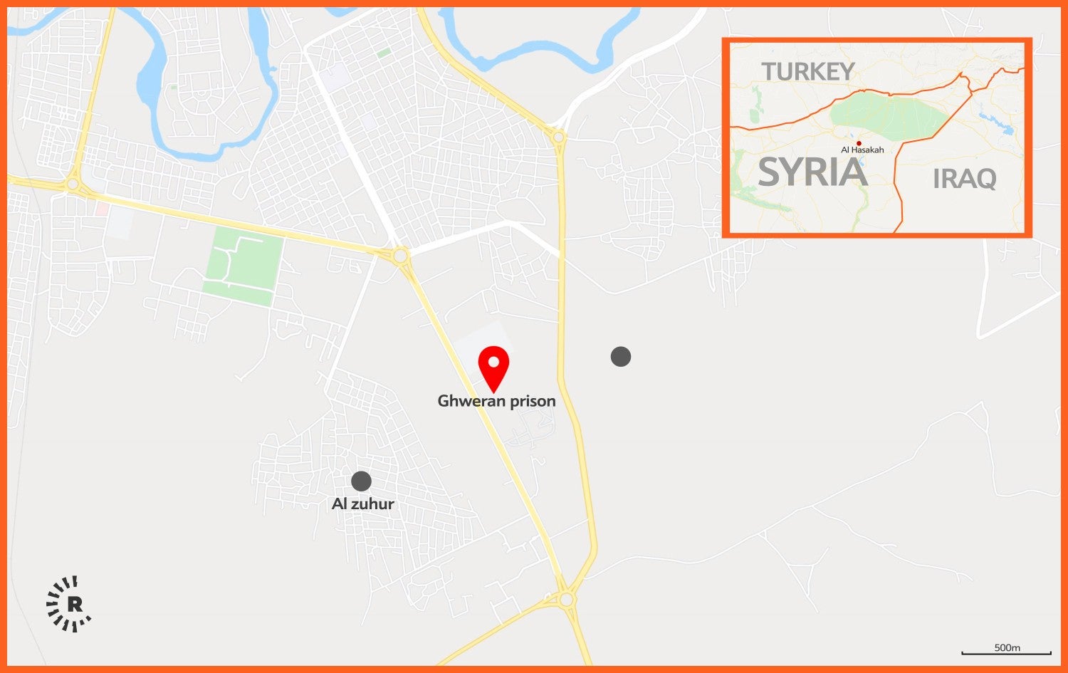 The Senaa / Ghweran prison in Hasaka in northeast Syria. Graphic: Rudaw