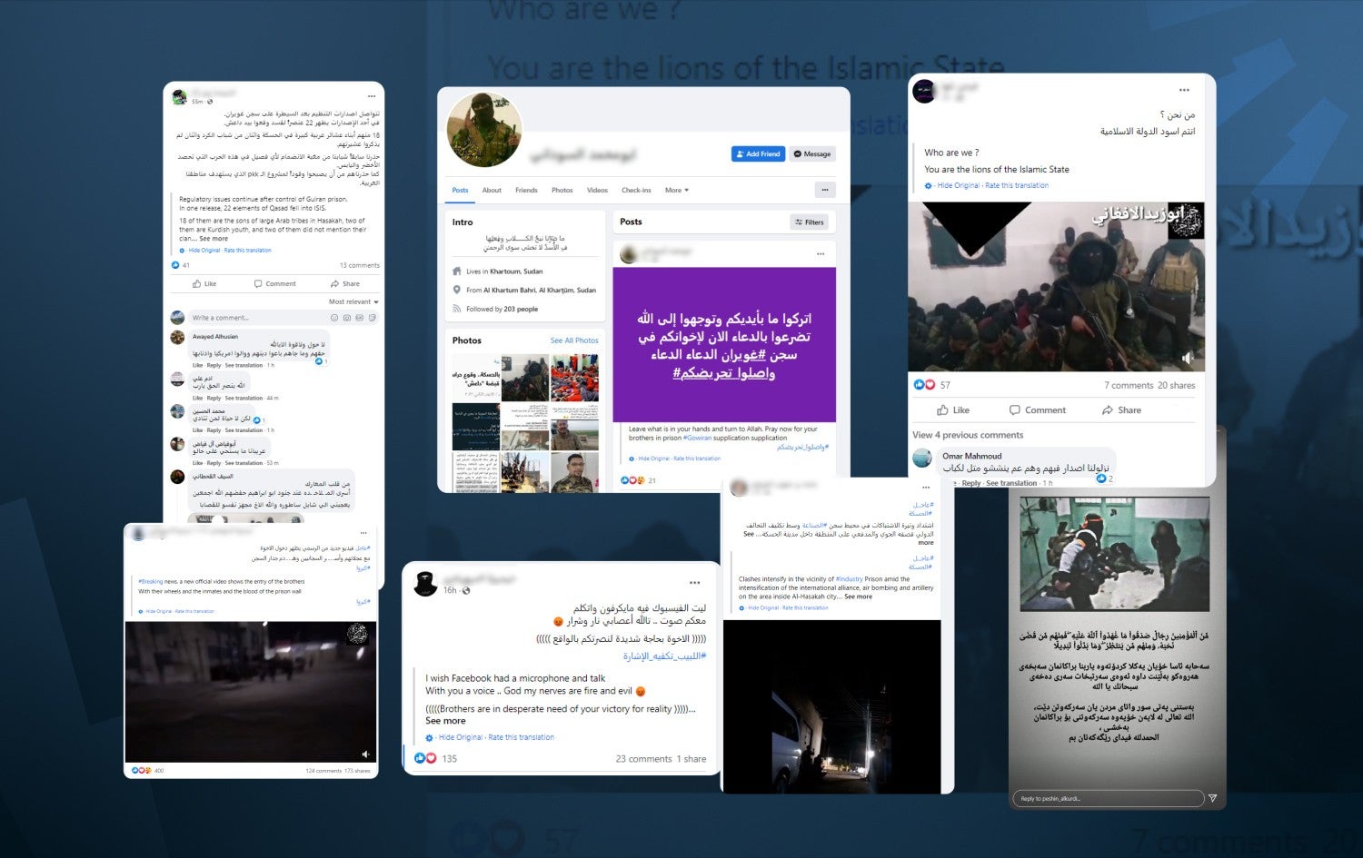 Screenshots of social media posts celebrating Islamic State's attack on Ghweran prison in Hasaka, northeast Syria, on January 21, 2022. Graphic: Rudaw