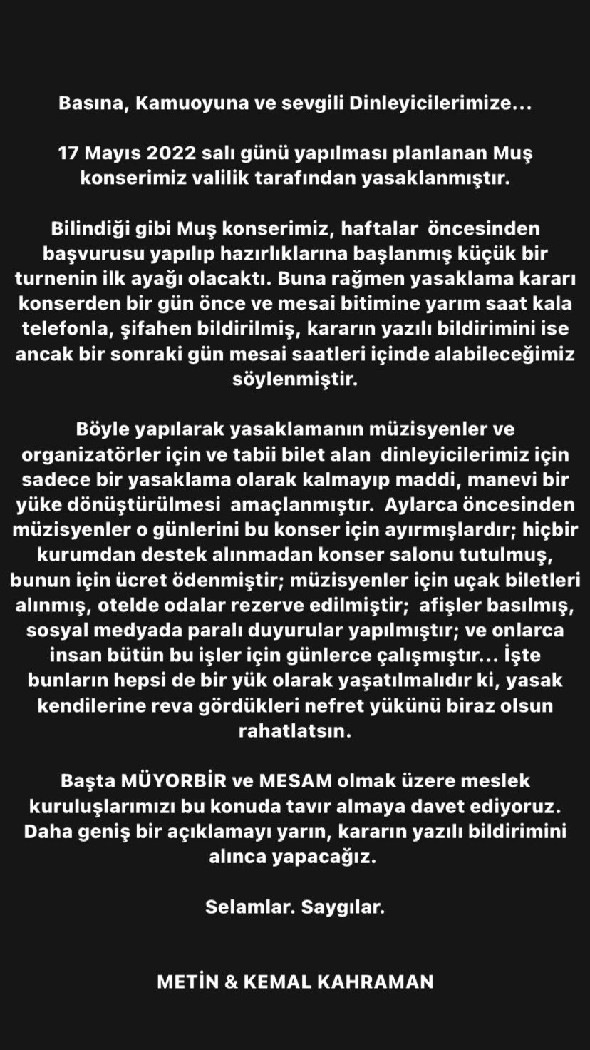 Metin & Kemal Kahraman'ın konser yasağına ilişkin açıklaması