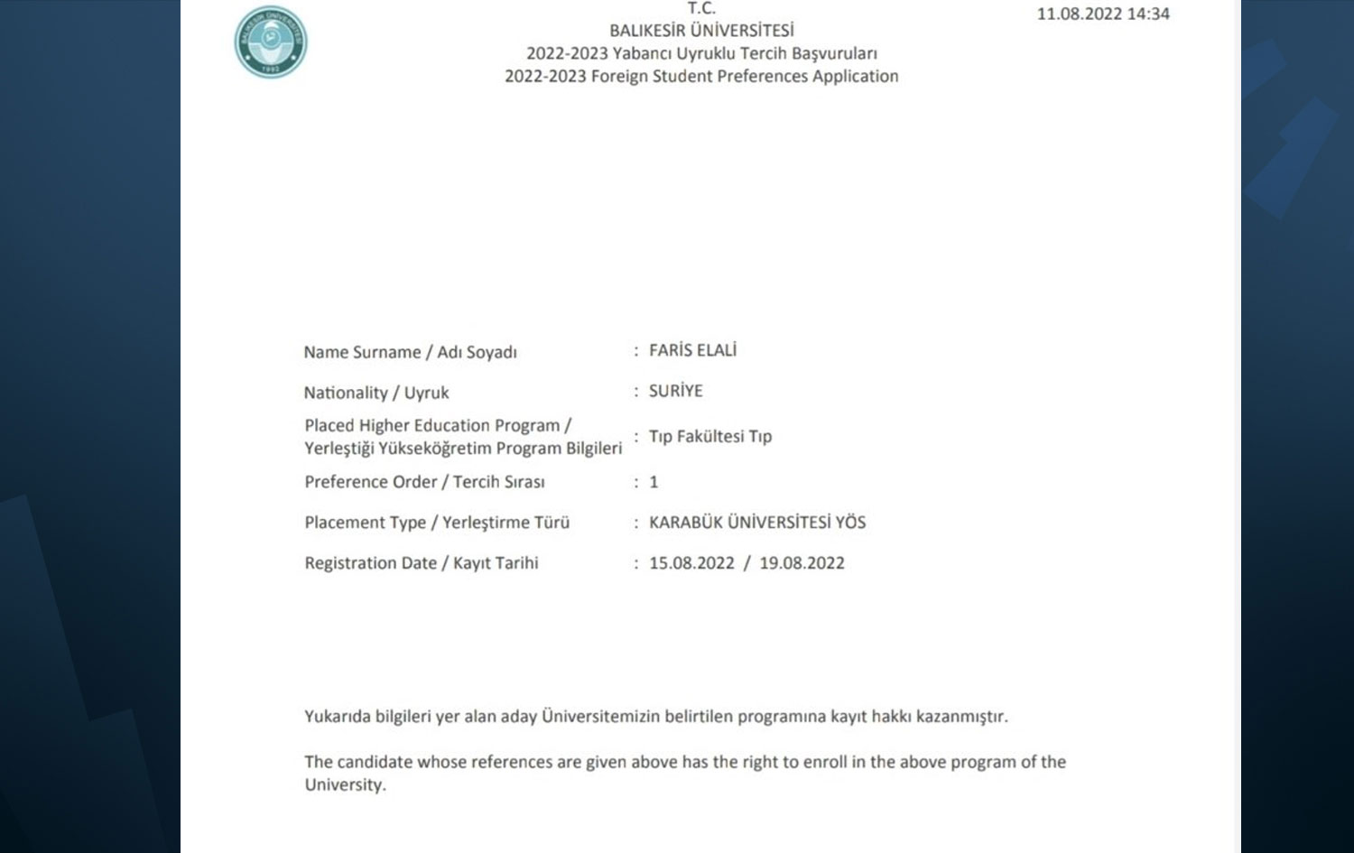 Ali'nin Tıp Fakültesi'ne birinci tercihten yerleştiği aktarıldı