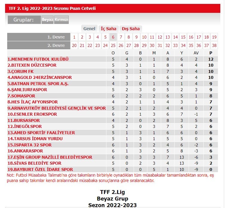 Beyaz Grup'ta puan durumu