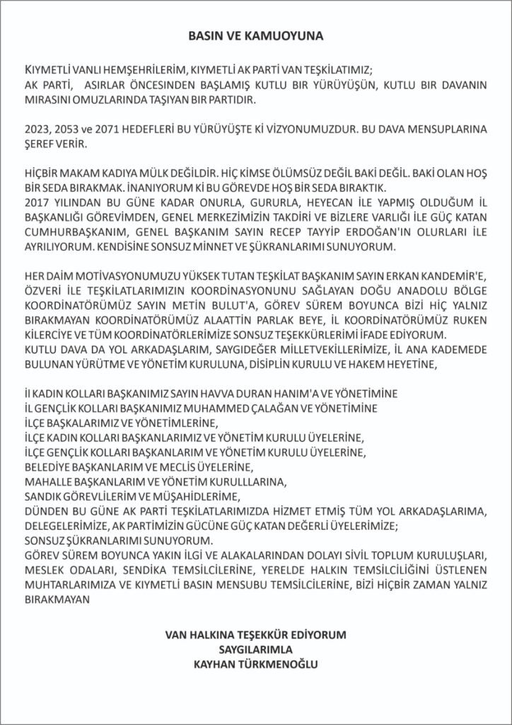 Türkmenoğlu'nun istifa metni