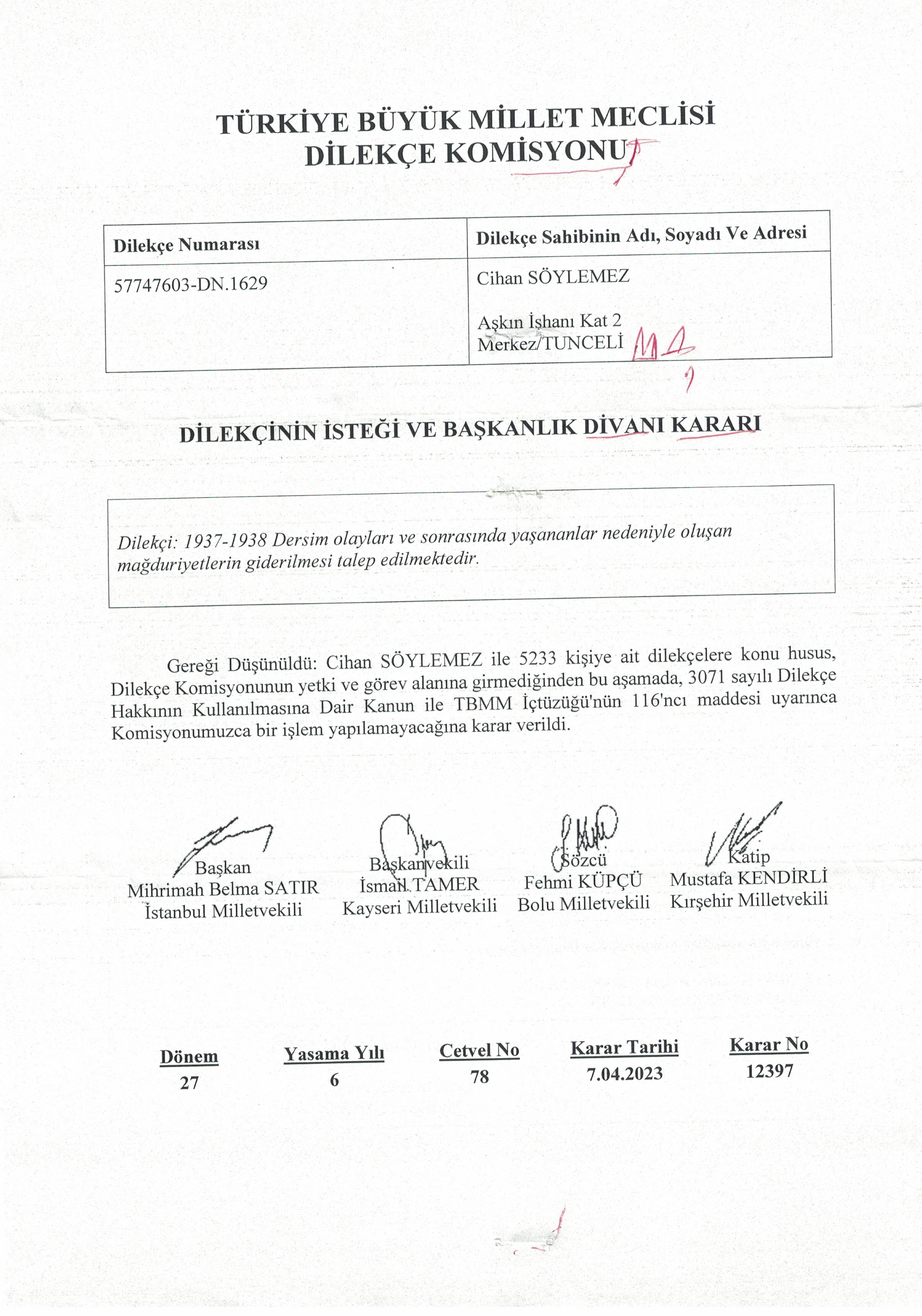 TBMM Dilekçe Komisyonunun tebligatı