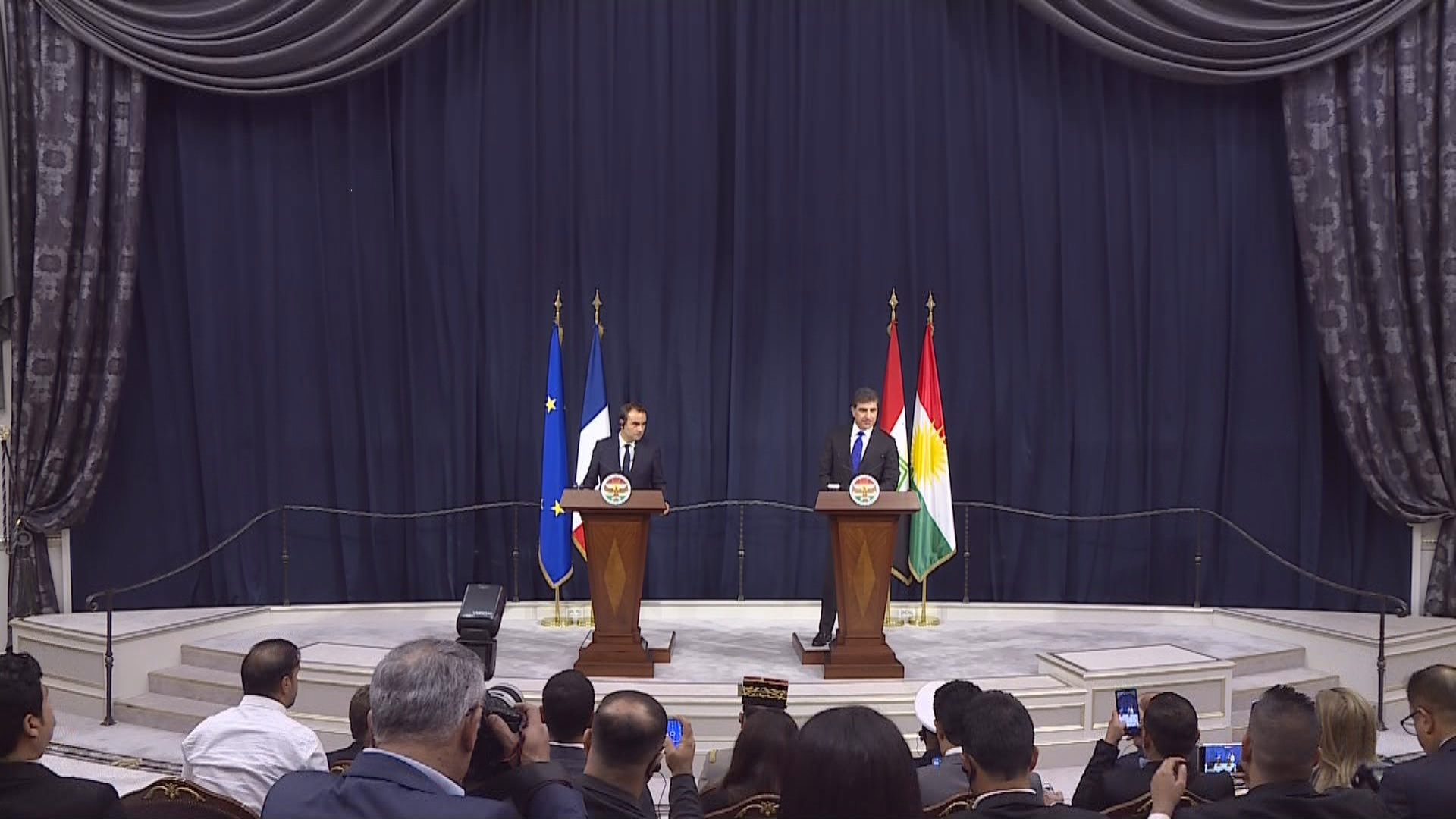 France’s Minister of the Armed Forces Sebastien Lecornu (left) and Kurdistan Region President Nechirvan Barzani (right) joint presser in Erbil on July 19, 2023. Photo: handout