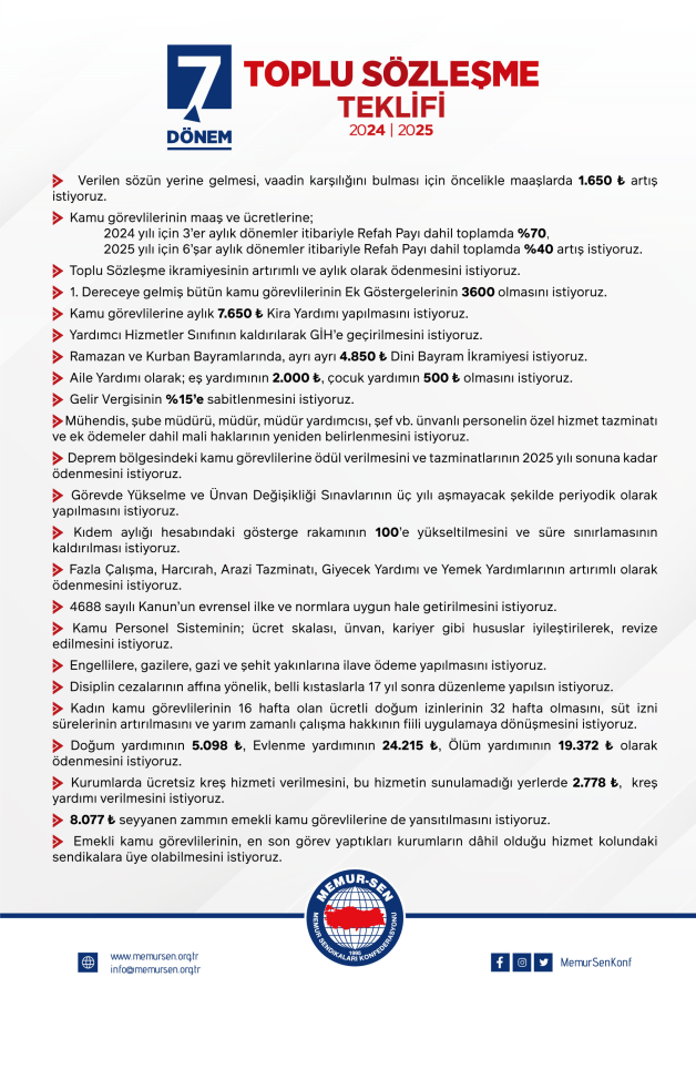 Memur-Sen'den 2024/25 toplu sözleşme teklifi