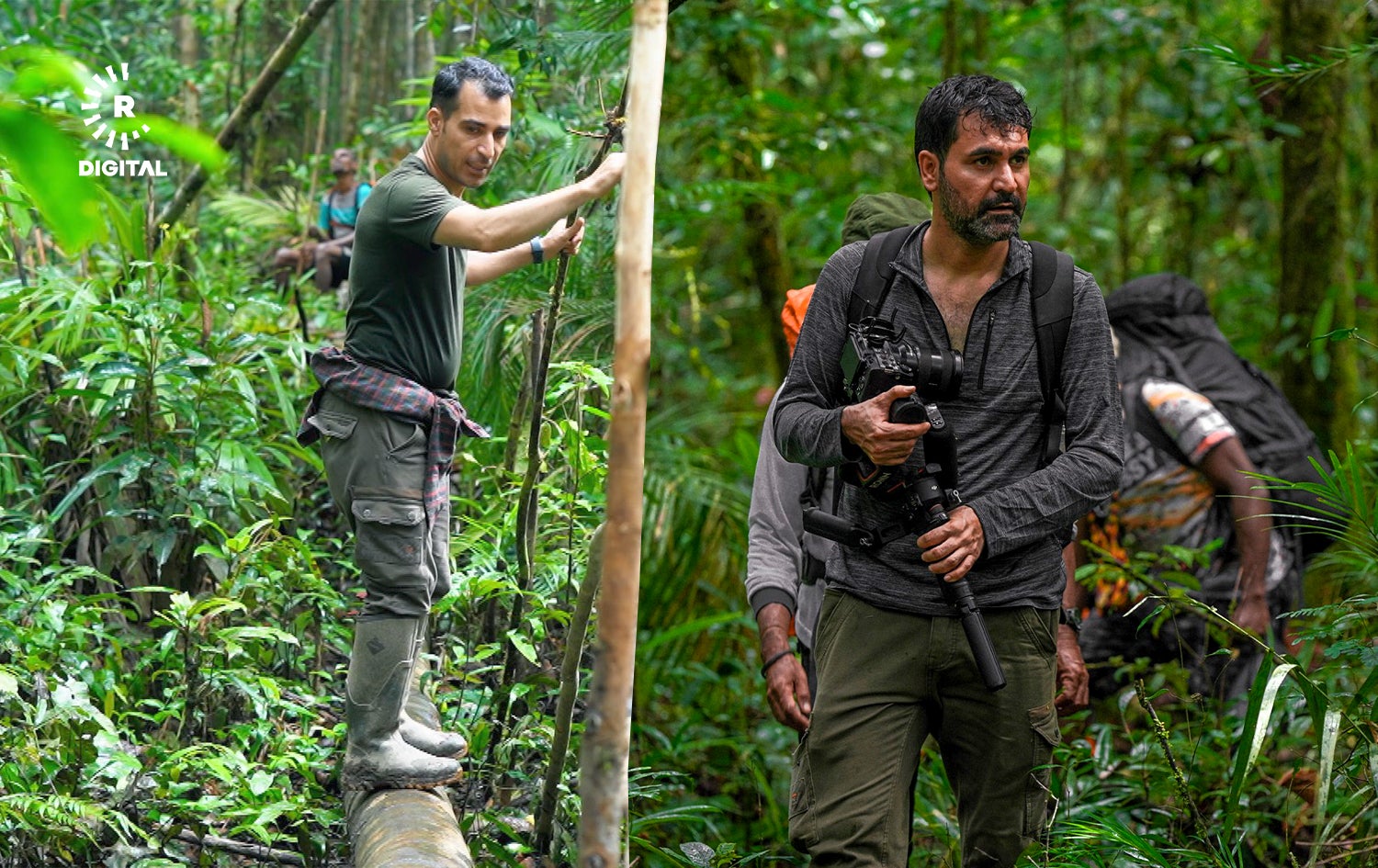 بەیار حەکیم، کامێرامانی رووداو (راست) و رۆژ عەلی زاڵە، رۆژنامەڤانی رووداو (چەپ) لەنێو دارستانەکانی پاپوا.