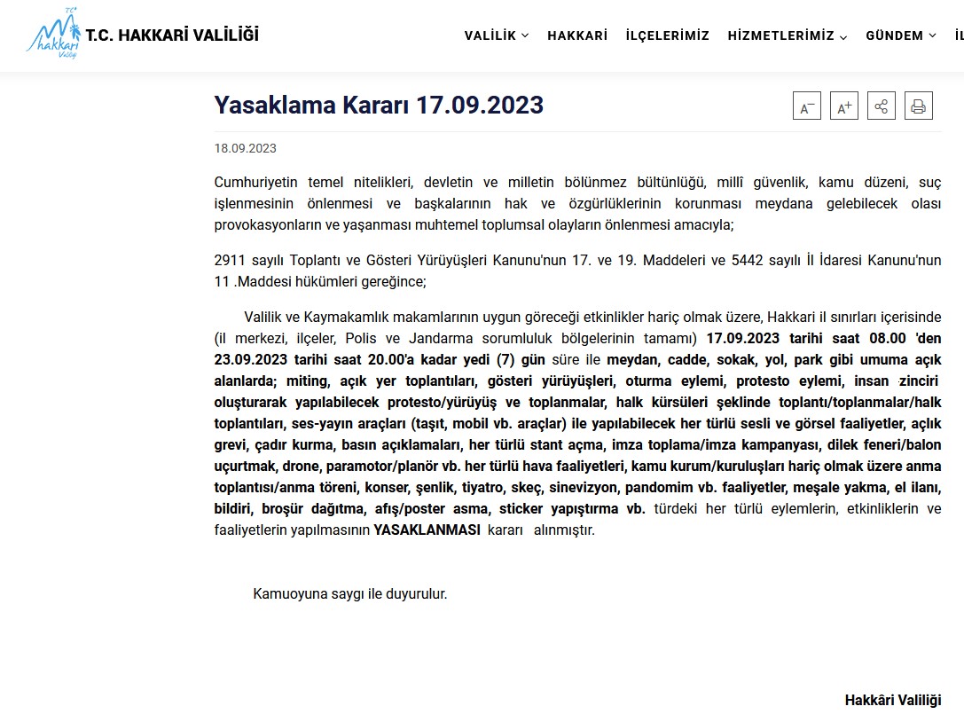 Ekran alıntısı (Kaynak: Hakkari Valiliği)