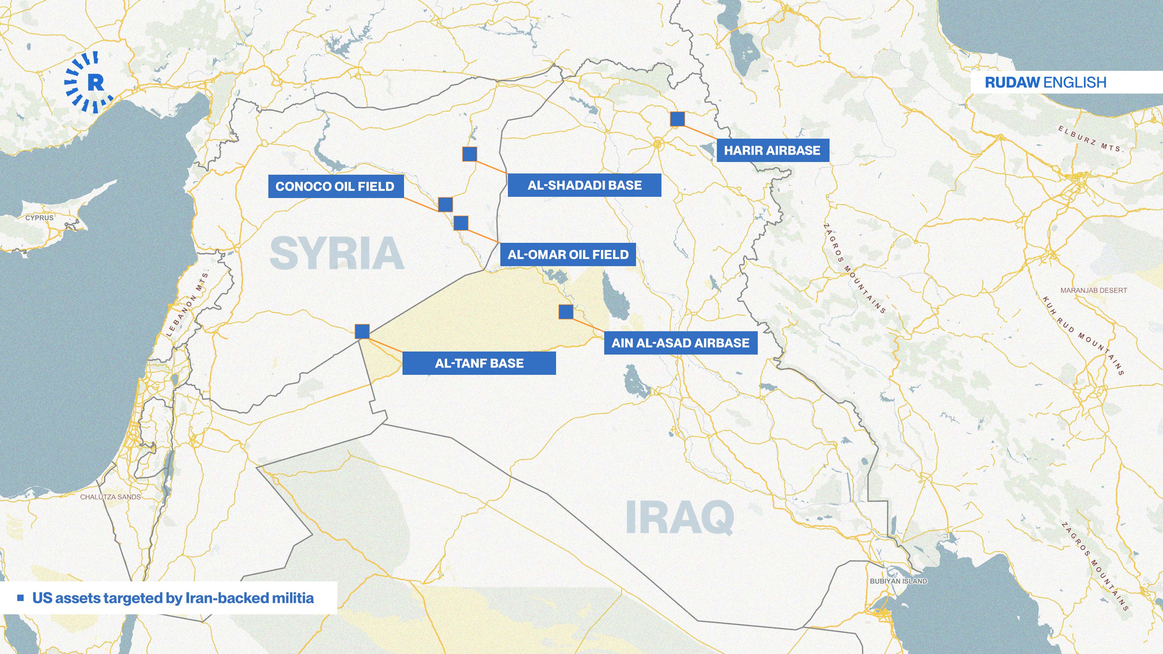 Map showing locations of US interests attacked by Iran-backed groups in Iraq and Syria since October 7, 2023. Graphic: Rudaw; Source: Maps4News