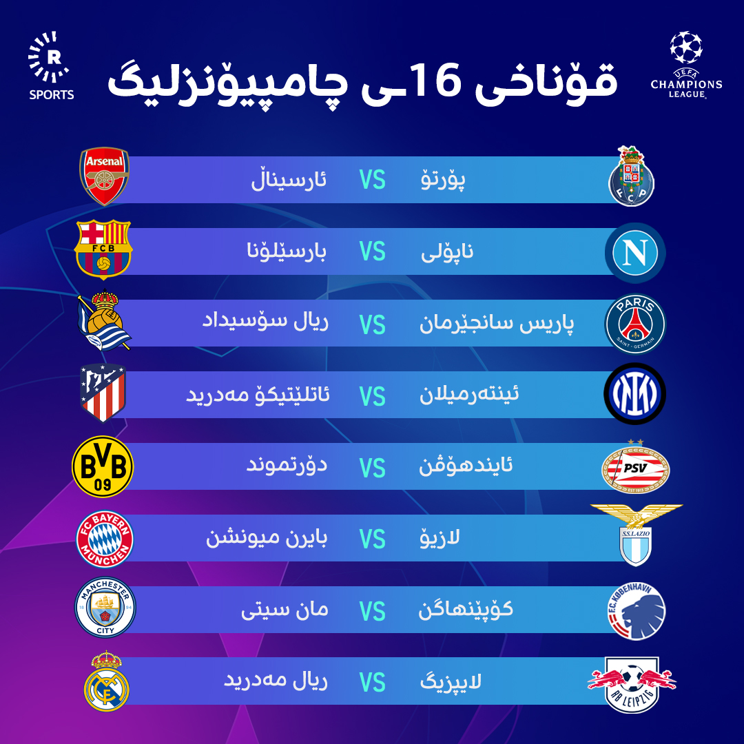 ئەنجامی تیروپشکی قۆناخی 16ـی چامپیۆنزلیگ