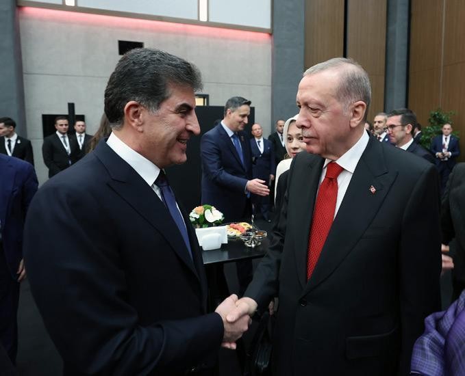 Kurdistan Region President Nechirvan Barzani (left) and Turkish President Recep Tayyip Erdogan (right) met on the sidelines of the Antalya Diplomacy Forum on March 1, 2024. Photo: Turkish presidency