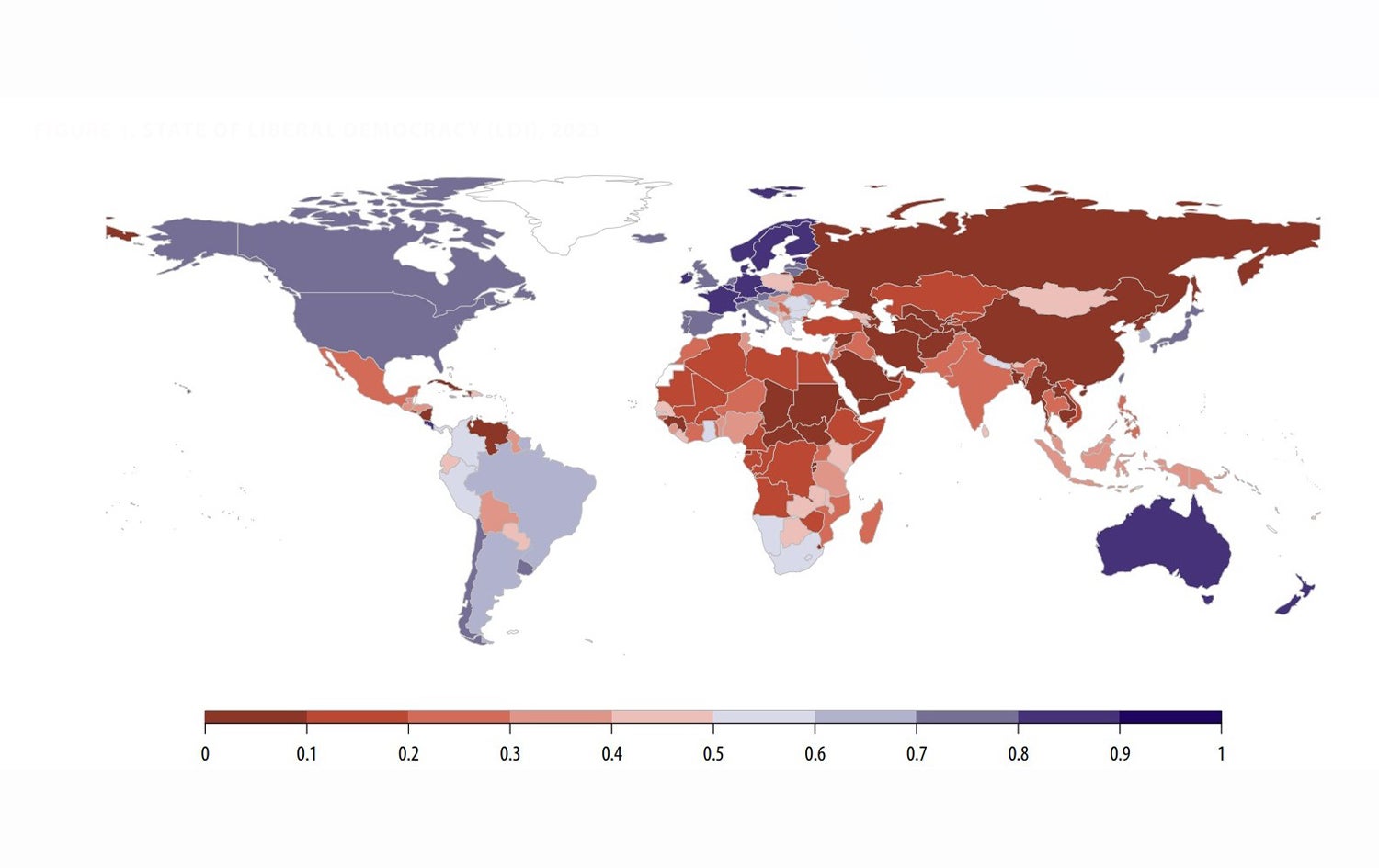نەخشەی دیموکراسیترین (شین) و خۆسەپێنترین (سوور) وڵاتانی جیهان بەگوێرەی راپۆرتی پەیمانگەی V-Demی زانکۆی گۆتنبێرگی سوێدی.