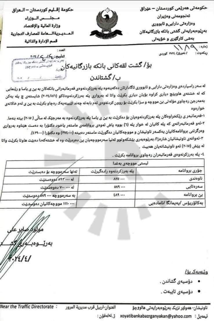 نووسراوەکەی بەڕێوەبەرایەتیی گشتیی بانکە بازرگانییەکان
