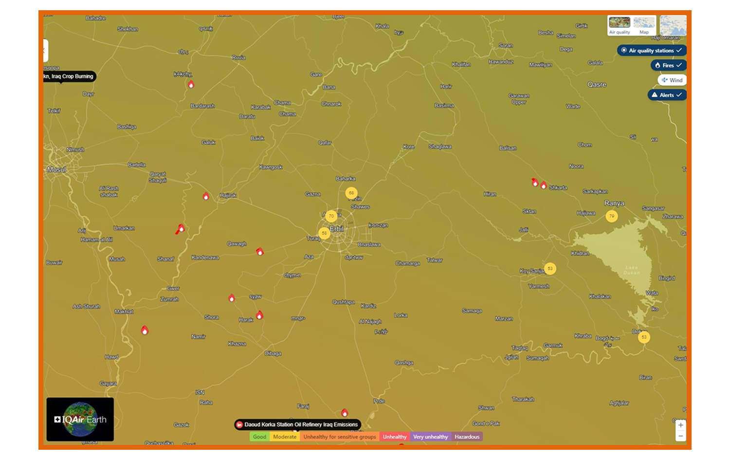 نەخشەی هەوای پارێزگای هەولێر و دەوروبەری بە پێی (IQAir) کە وەک ئاماژەیەک بۆ رادەی مامناوەندیی پیسیی هەوا، بە زەرد رەنگکراوە.