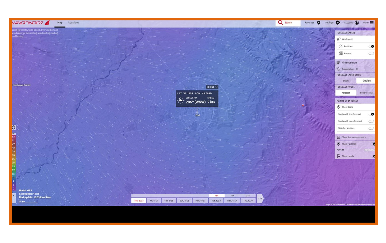 ئاراستەی با لە رۆژانی چوارشەممە و پێنجشەممە لە پارێزگای هەولێر و دەوروبەری. سەرچاوە: پێگەی WindFinder