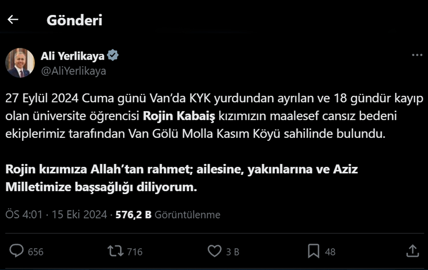 Foto: İçişleri Bakanı Ali Yerli Kaya X hesabından açıkalam yaptı Foto: İçişleri Bakanı Ali Yerli Kaya X hesabından açıkalam yaptı