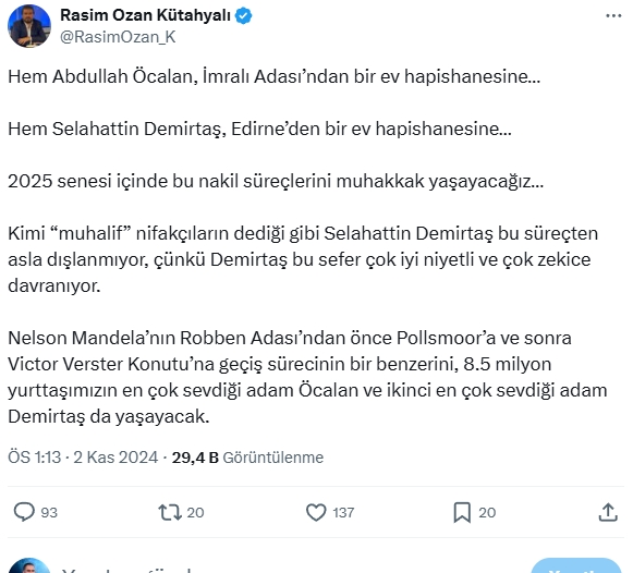 Kütahyalı'nın söz konusu paylaşımı