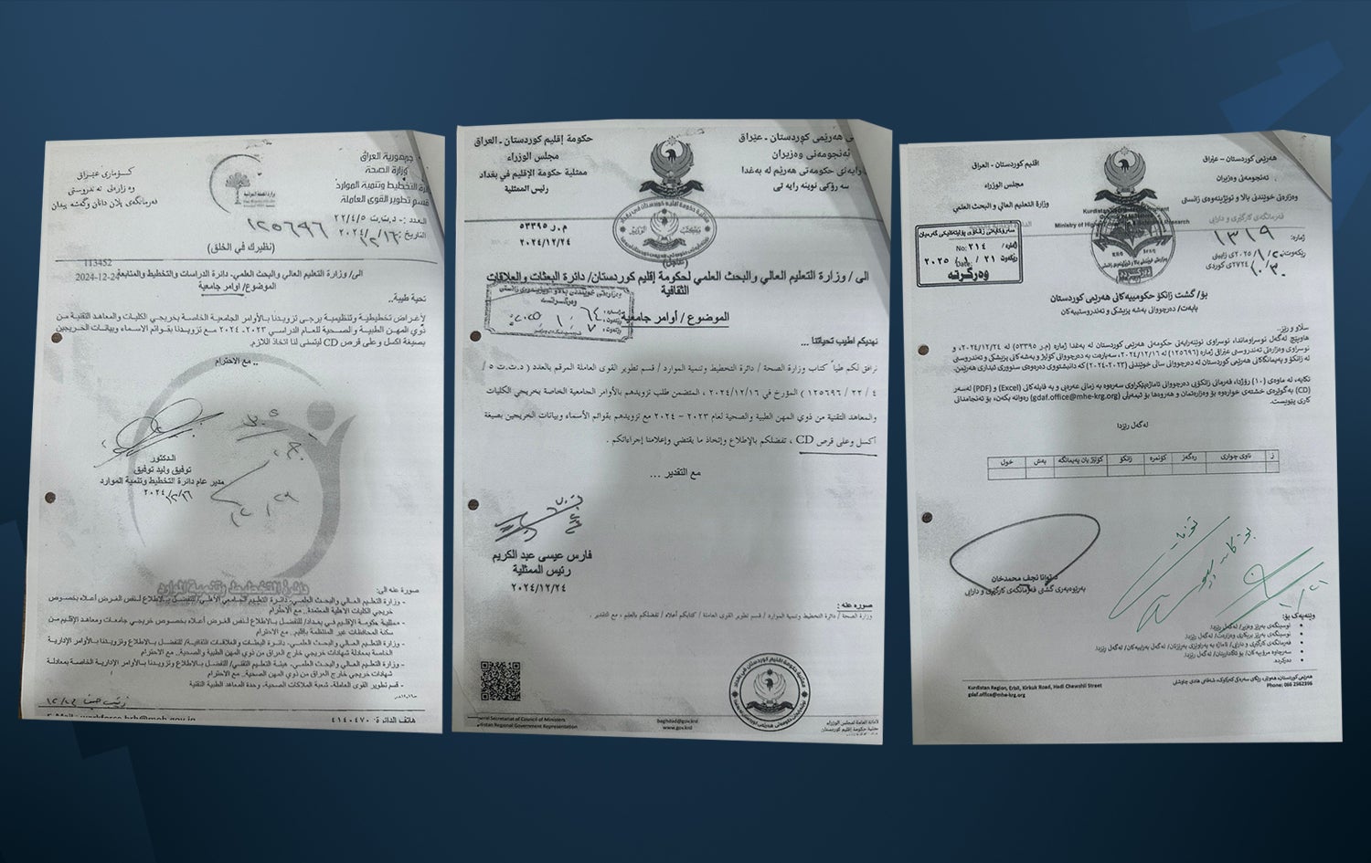 نووسراوی وەزارەتی خوێندنی باڵای عێراق، خوێندنی باڵای هەرێمی کوردستان و نوێنەرایەتیی هەرێمی کوردستان لە بەغدا.