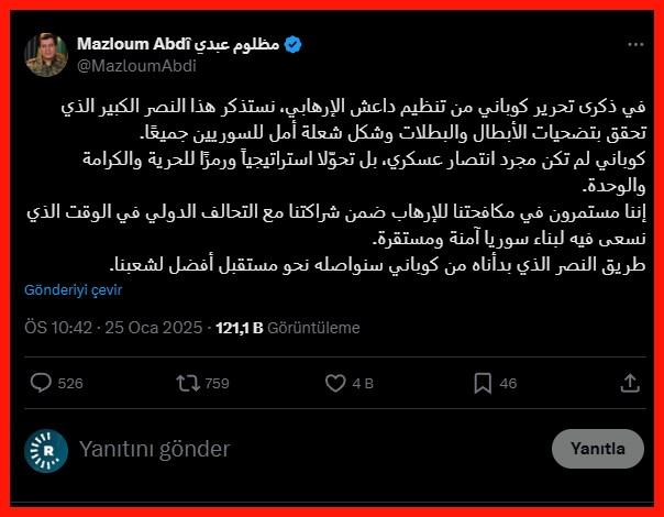 Abdi'nin Kobani mesajı (Ekran alıntısı)