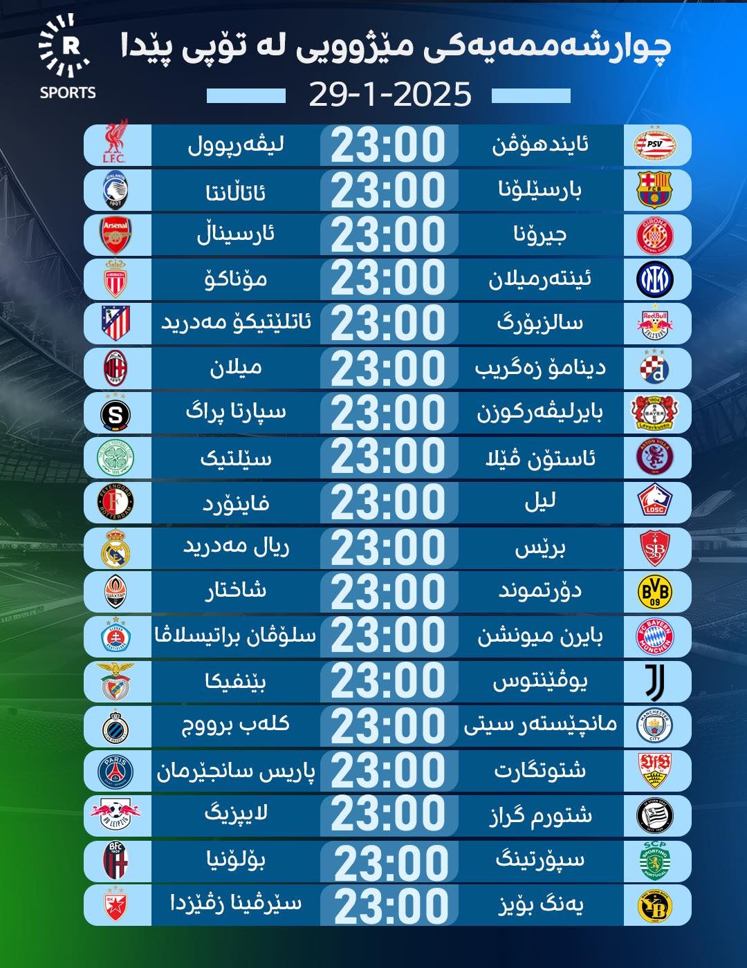 خشتەی یارییەکانی ئەمڕۆی چامپیۆنزلیگ